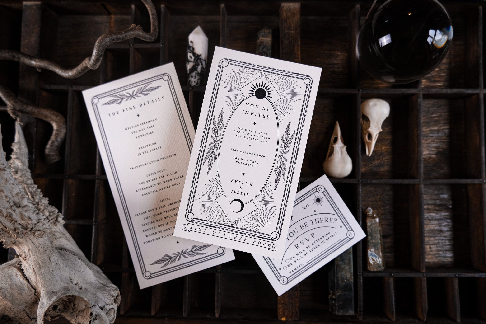 Sun and Moon | 3-Piece Wedding Invitation Suite | Celestial Tarot Gothic Wedding Stationery