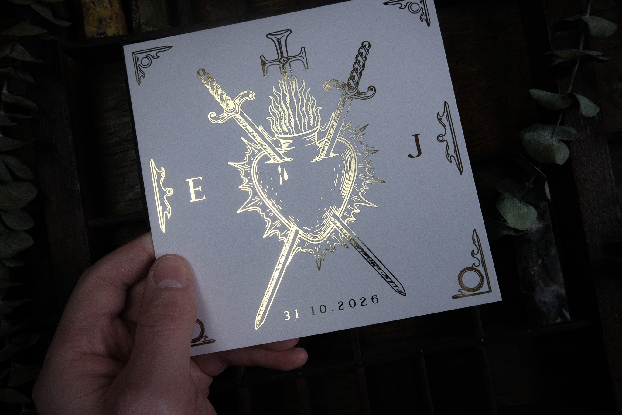 Star-Crossed Lovers Heart Foiled Save the Date – Bleeding Heart and Crossed Swords Wedding Card