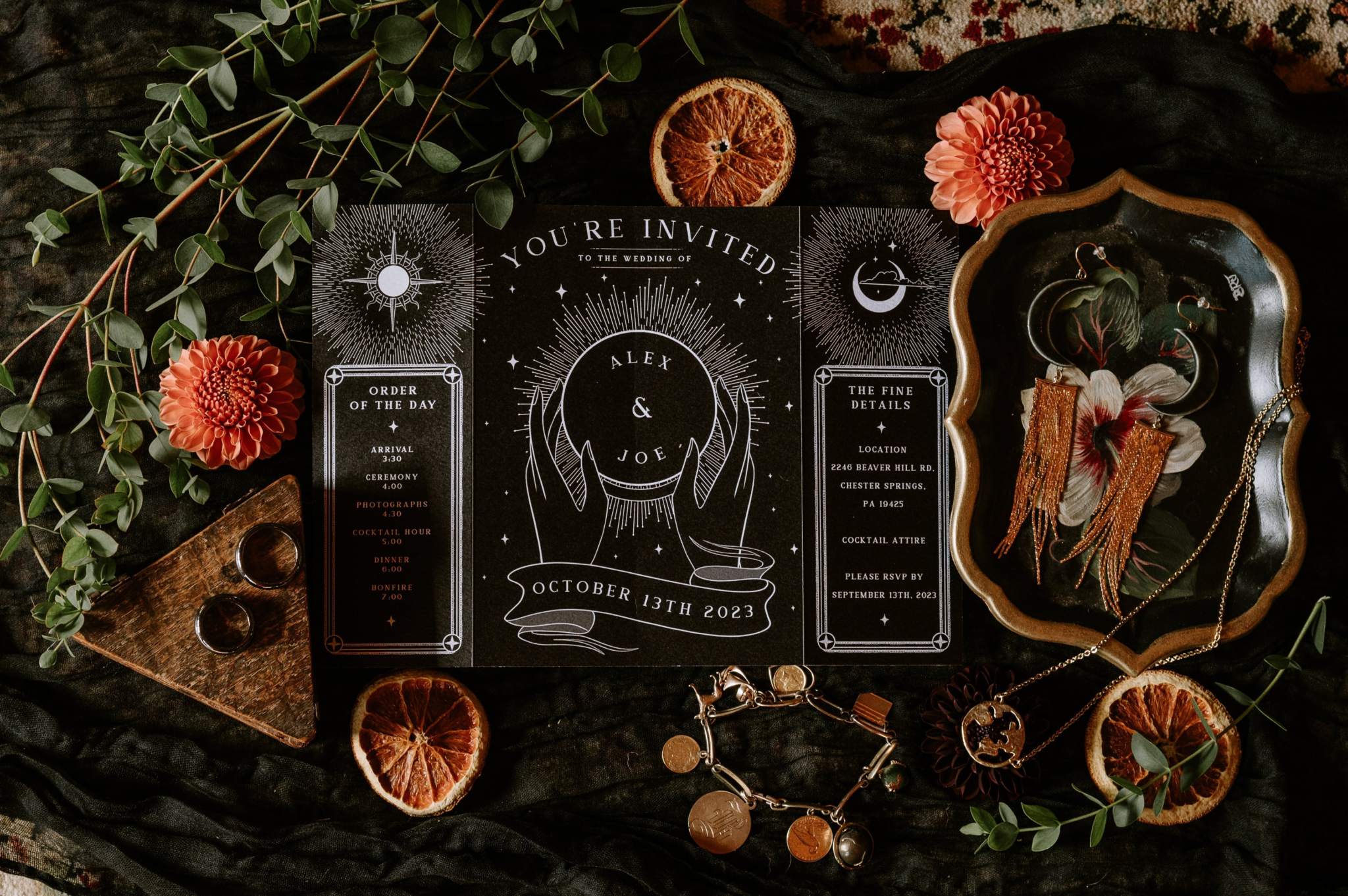 Skeleton Lovers 'Til Death gatefold wedding invitation with gothic skeleton couple and tarot crystal ball design