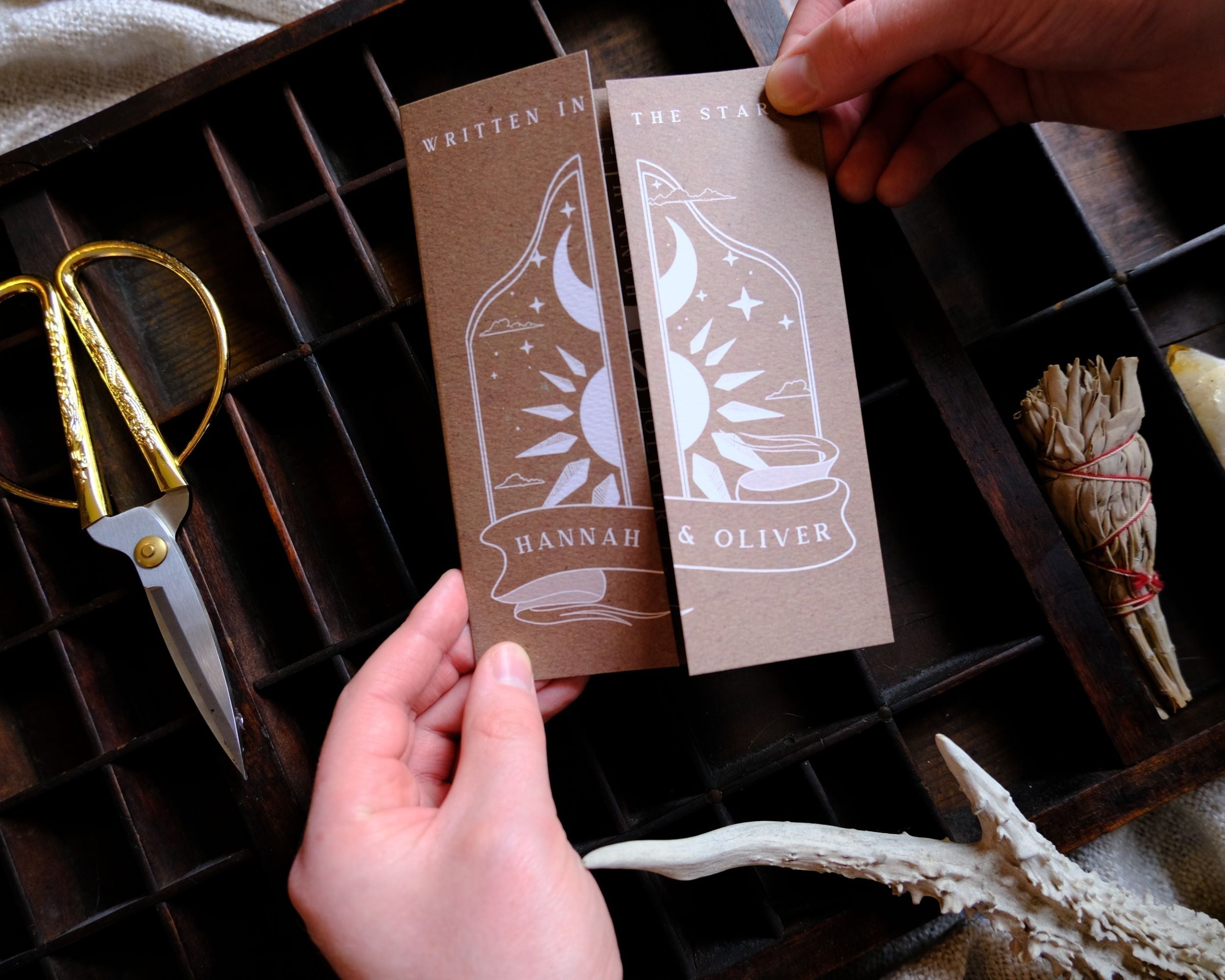 Dusk & Dawn gatefold wedding invitation with celestial sun and moon design on matte textured card