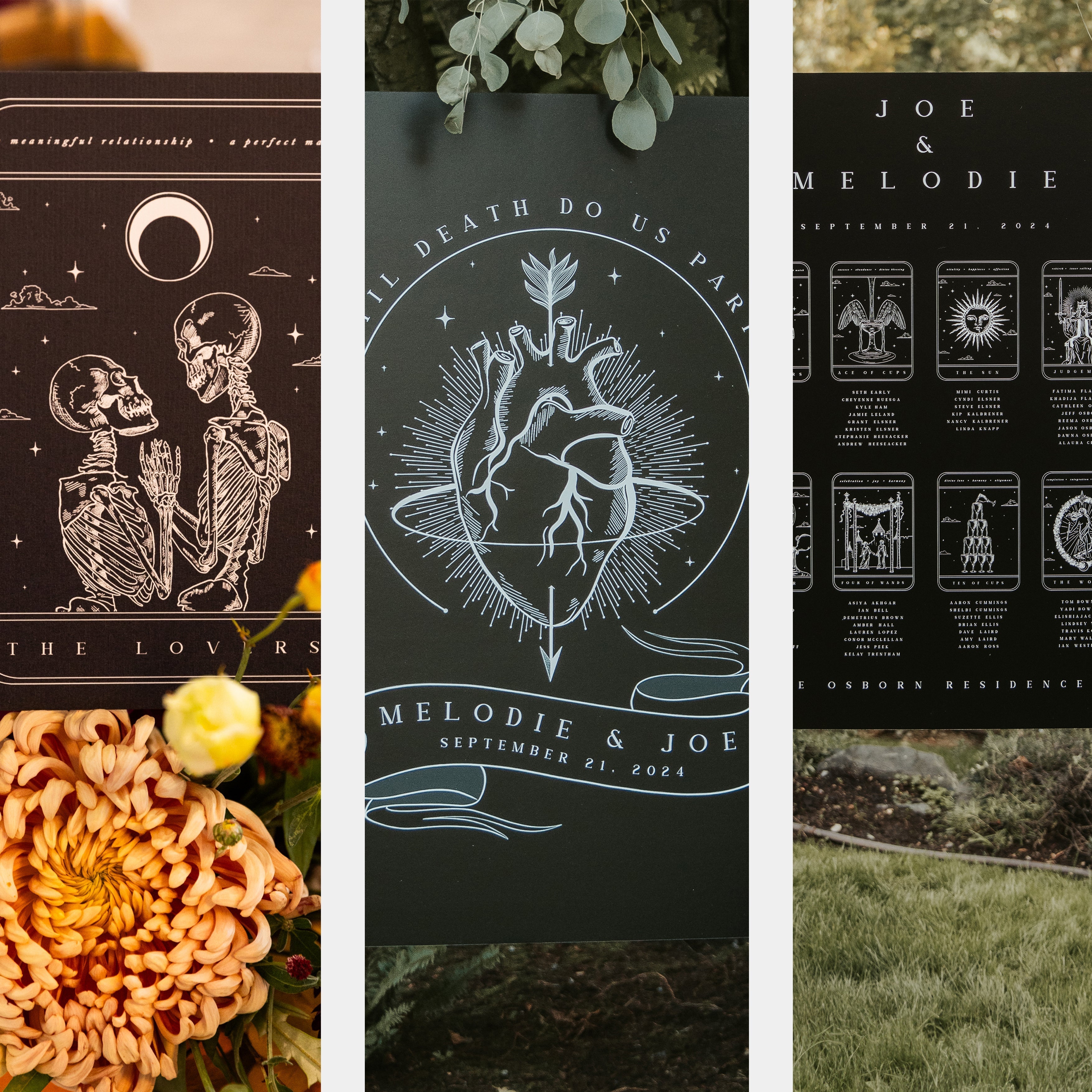 Luxury UK wedding stationery set featuring black signs with gothic tarot designs, romantic florals, and dramatic vintage flair.