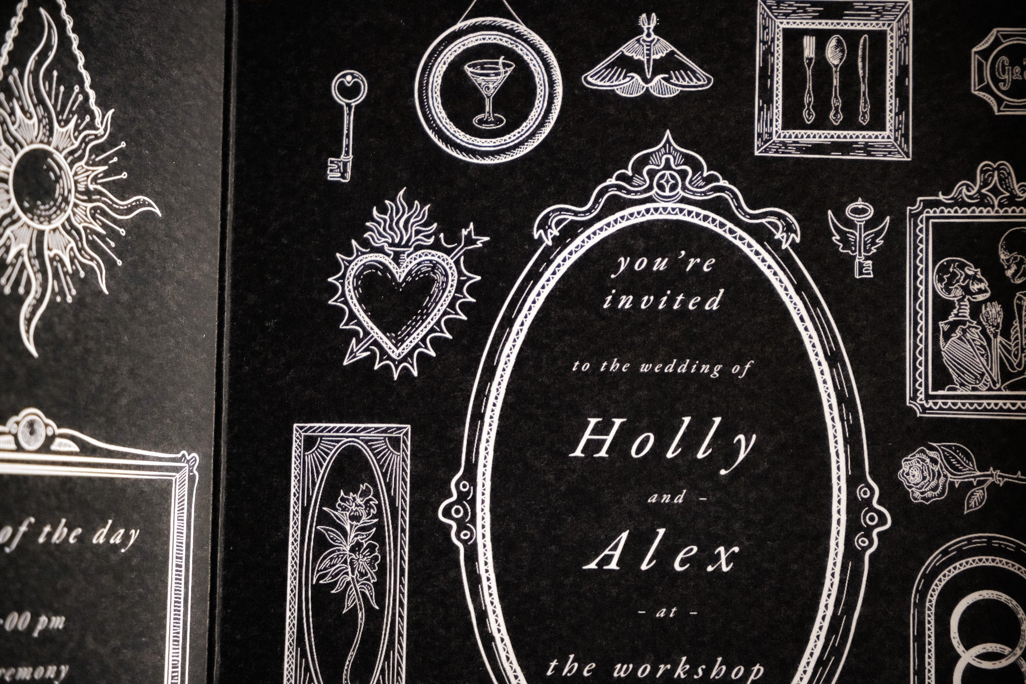 Luxury gatefold wedding invitation with vintage gothic and celestial motifs in dramatic black, perfect for alternative UK weddings.