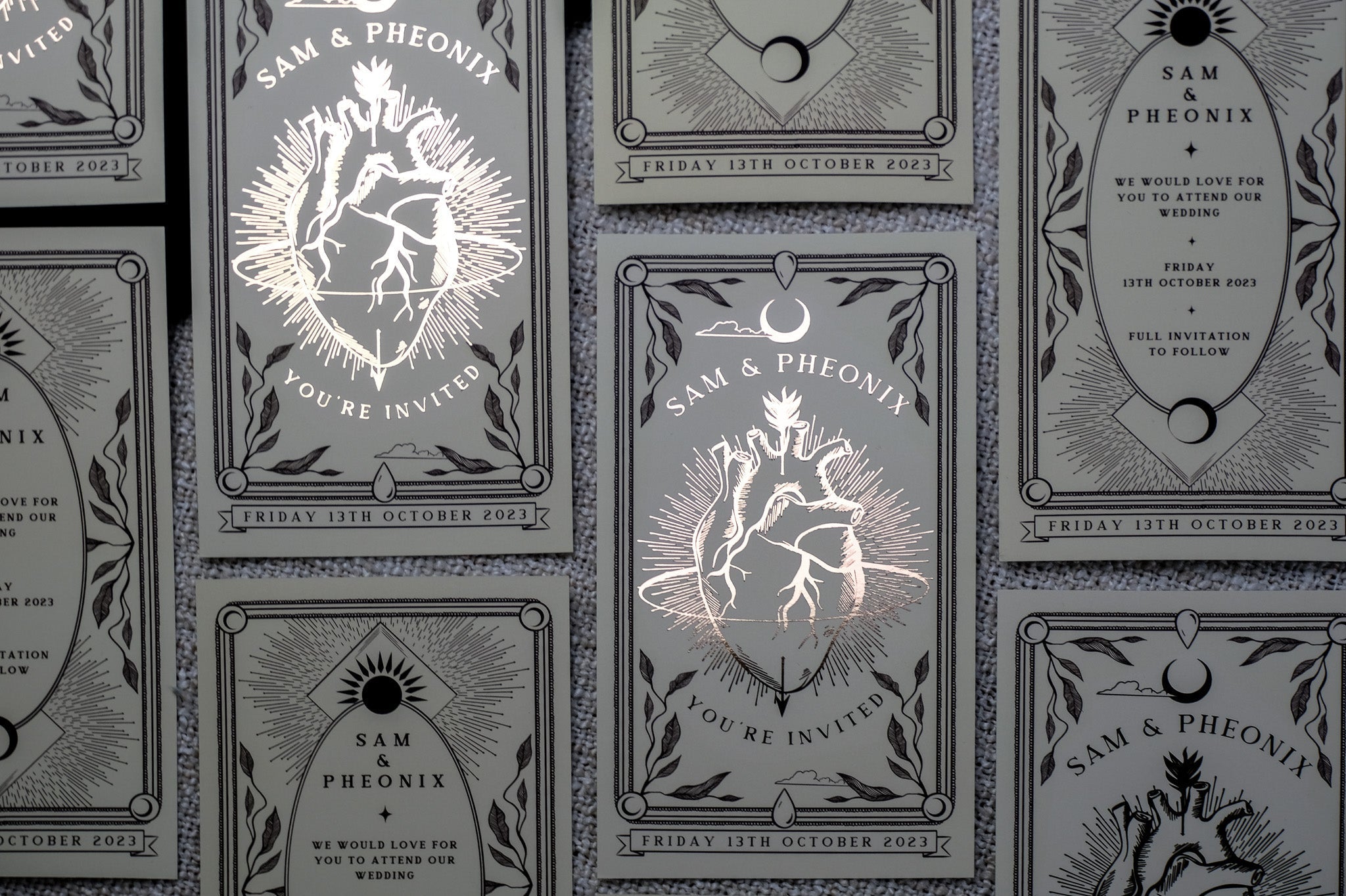 Bleeding Heart foiled tarot card save the date with anatomical heart and gold foil accents for gothic wedding