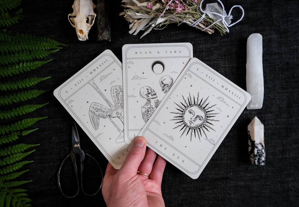 Classic vintage Tarot Card Spread 3-Piece Invitation Suite for weddings with The Lovers, The Sun, and The Ace of Cups cards on high-quality velvet paper