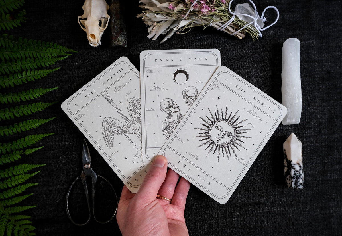 Classic vintage Tarot Card Spread 3-Piece Invitation Suite for weddings with The Lovers, The Sun, and The Ace of Cups cards on high-quality velvet paper
