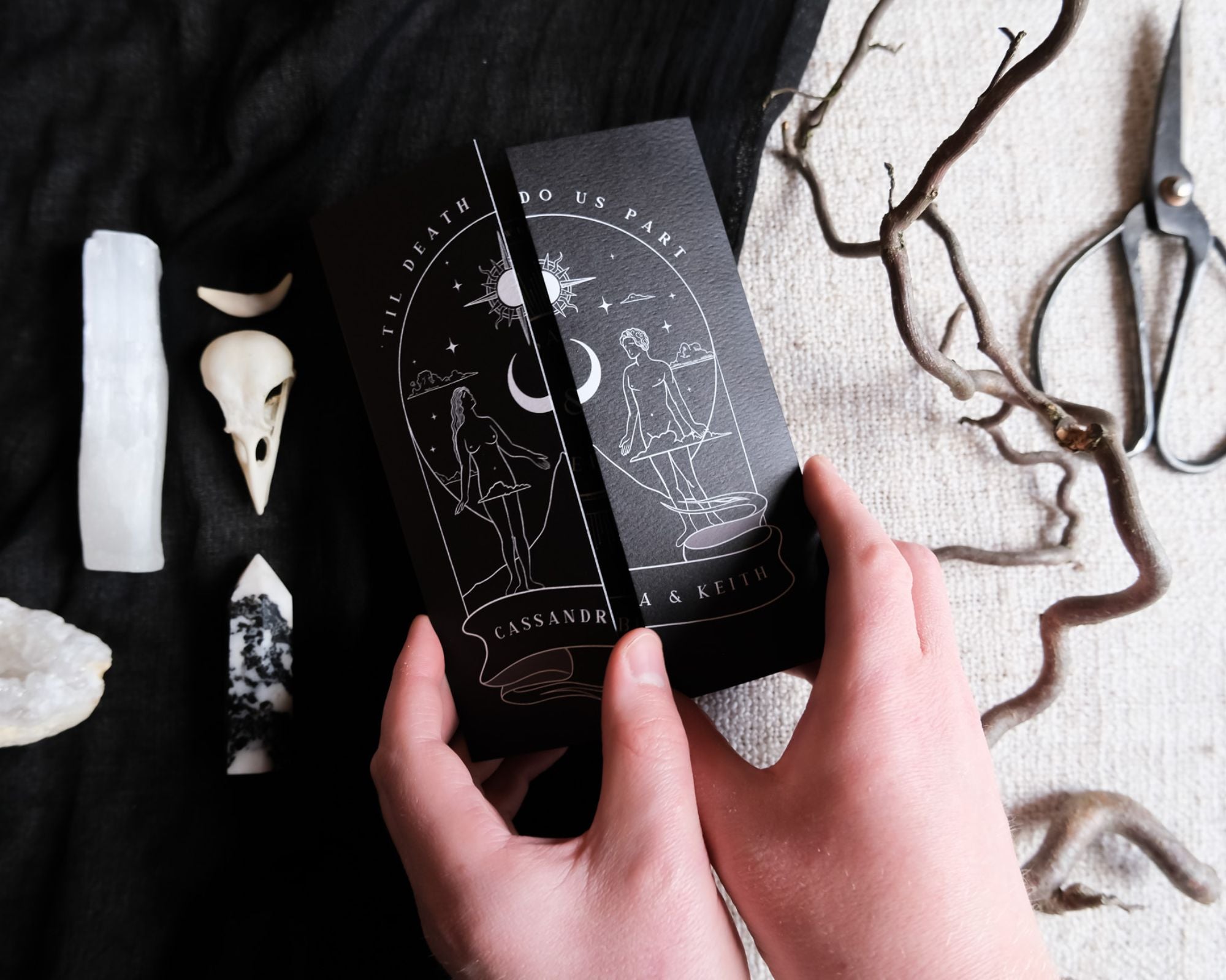The Lovers Tarot Card gatefold wedding invitation featuring gothic illustration on matte textured card, personalized wedding stationery.