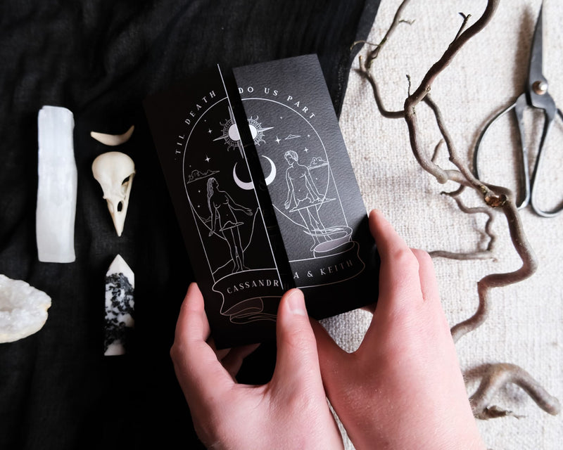 The Lovers Tarot Card gatefold wedding invitation featuring gothic illustration on matte textured card, personalized wedding stationery.