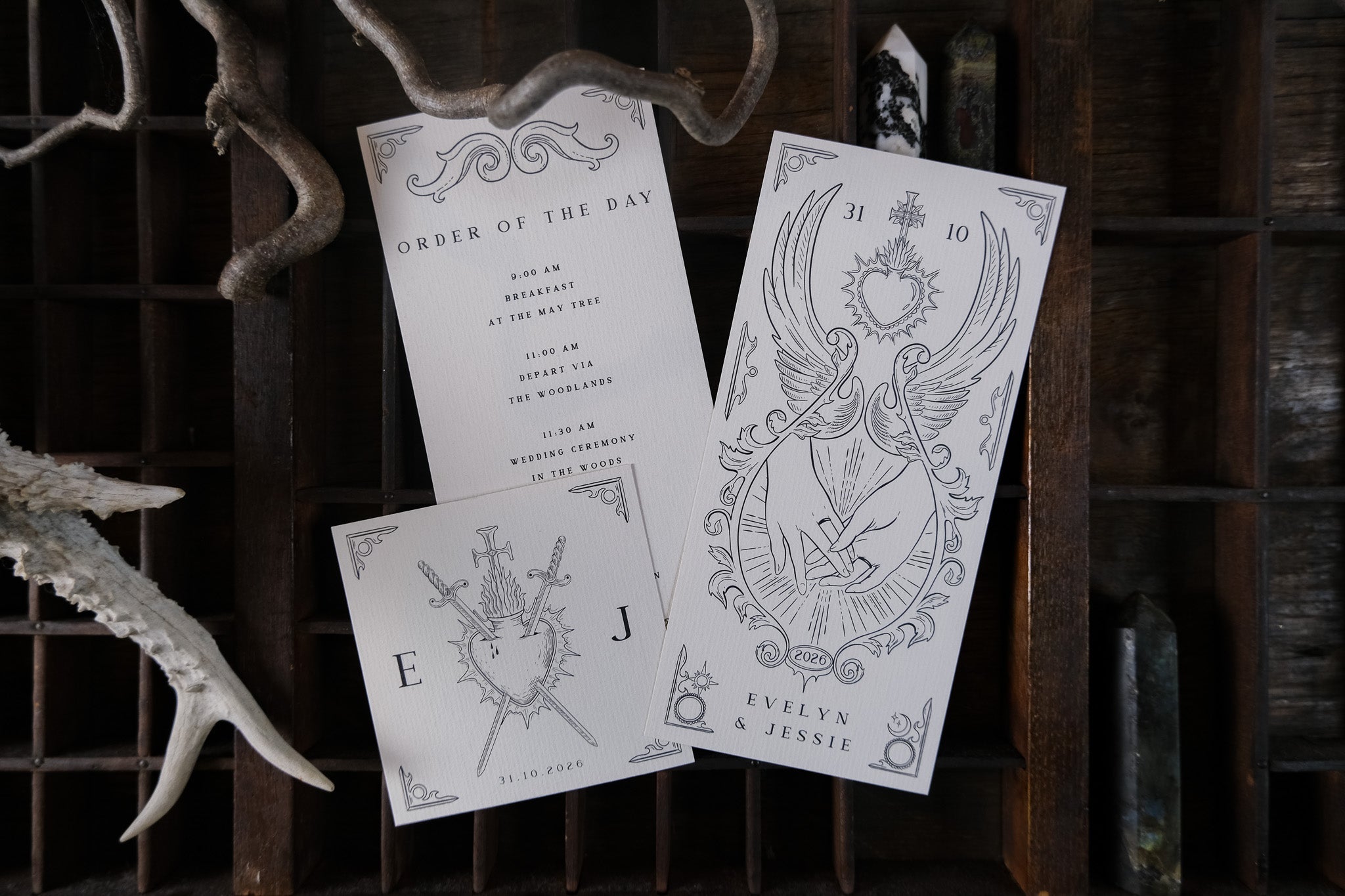 Luxury gothic wedding stationery suite with vintage-inspired dark romance design, featuring dramatic foil accents; UK-made.