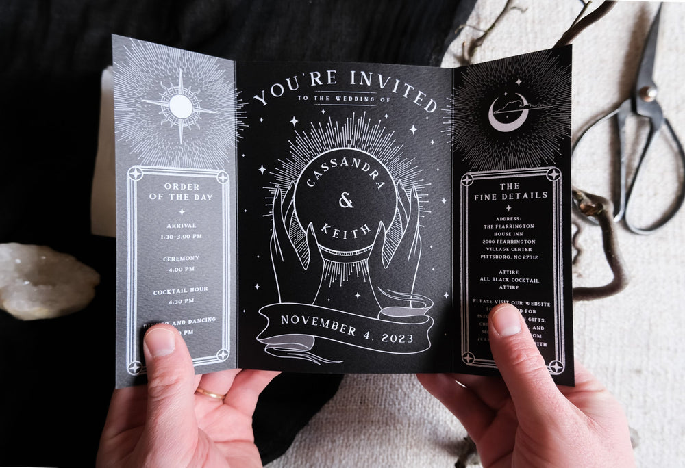 The Lovers Tarot gatefold wedding invitation with gothic illustration on textured matte card