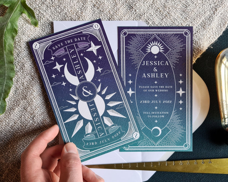 Dusk & Dawn Tarot Save the Date card featuring sun and moon celestial design for wedding announcement