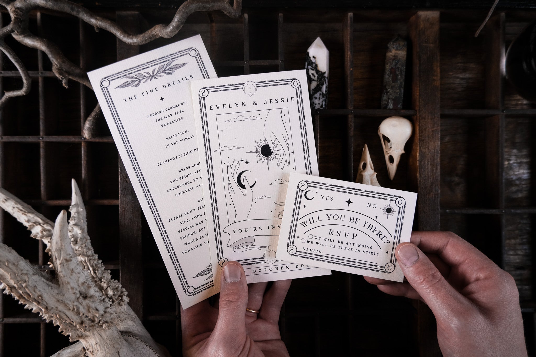 Sun and Moon | 3-Piece Wedding Invitation Suite | Celestial Tarot Gothic Wedding Stationery