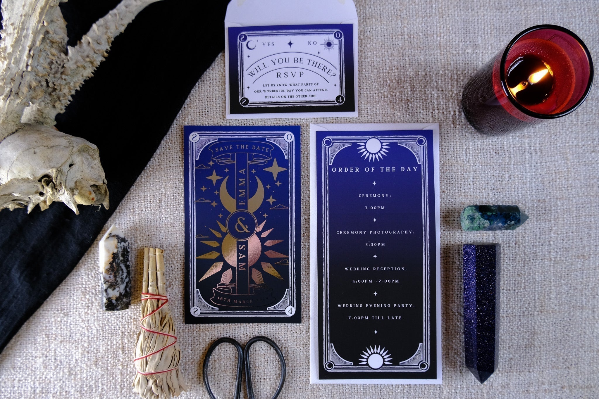 Dusk and Dawn foiled 3-piece wedding invitation suite with celestial sun and moon design on velvet soft-touch card