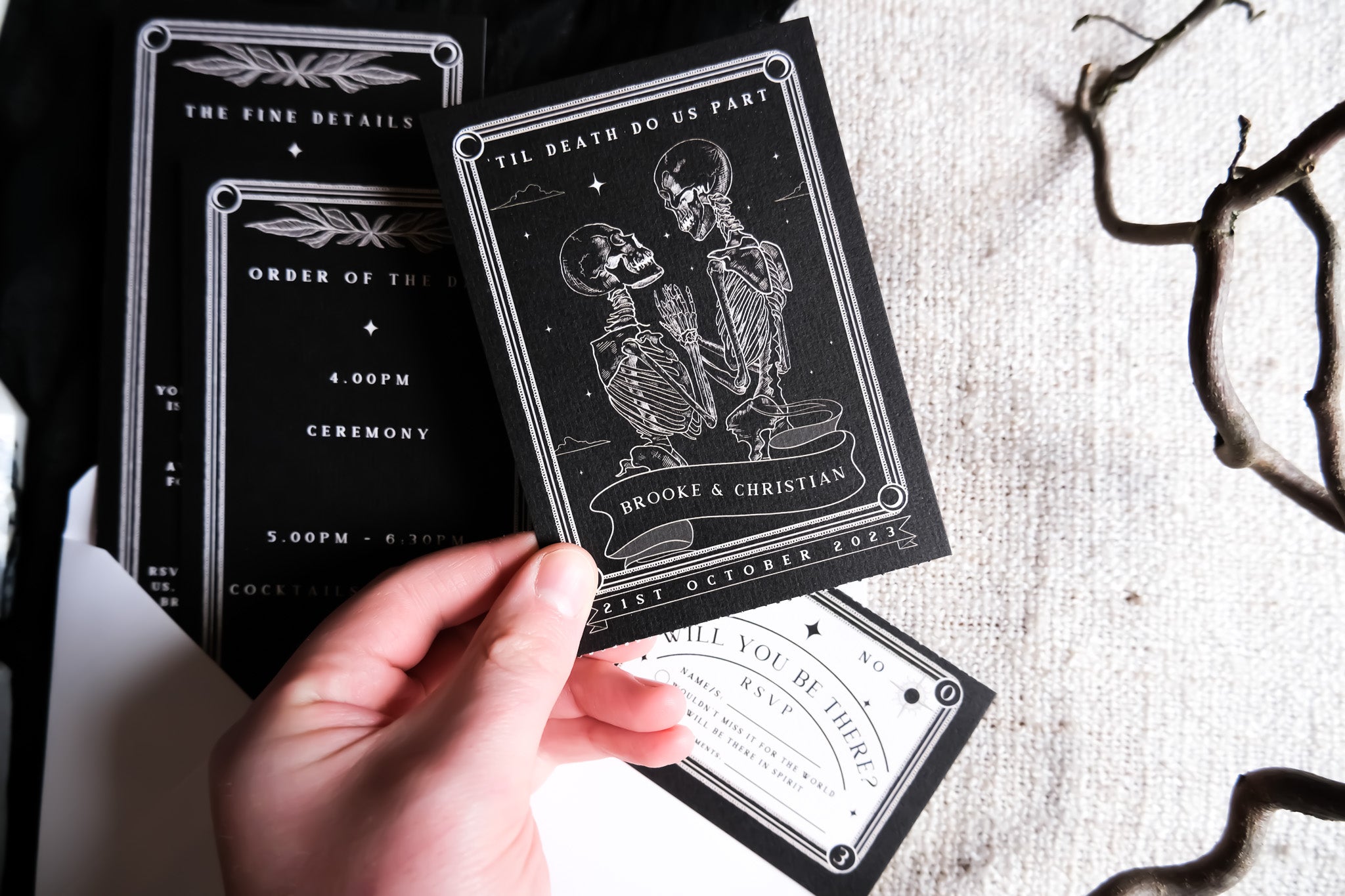 Til Death Do Us Part gothic wedding invitation suite featuring skeleton couple tarot design with tear-off RSVP on matte card