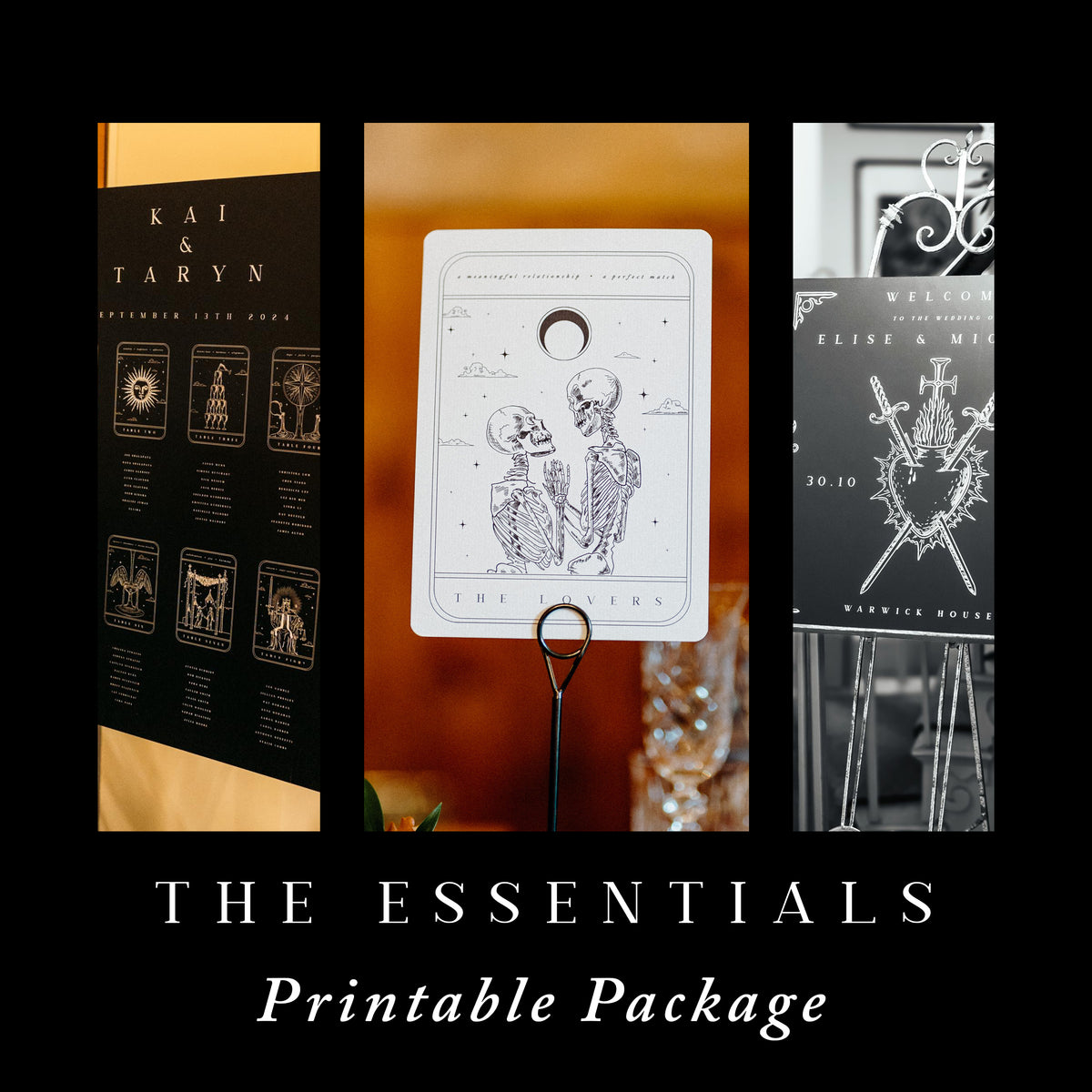 A set of black and white flat cards with bold designs, including crossed arrows and a tarot-style illustration of two skeletons.