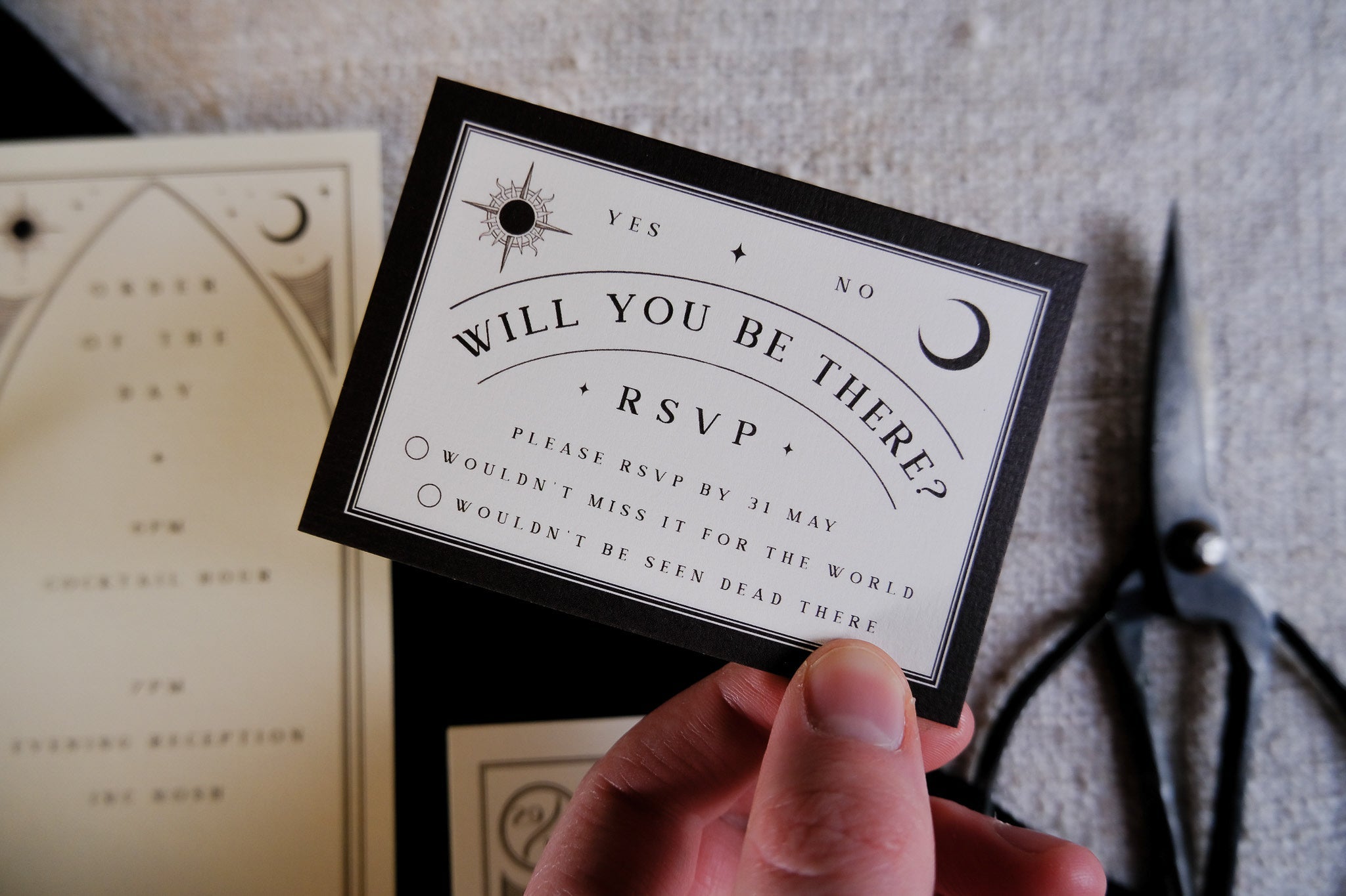 'Til Death Do Us Part' Lovers Tarot Card 3 Piece Invitation Suite featuring skeleton couple wedding invitation cards on premium matte cardstock