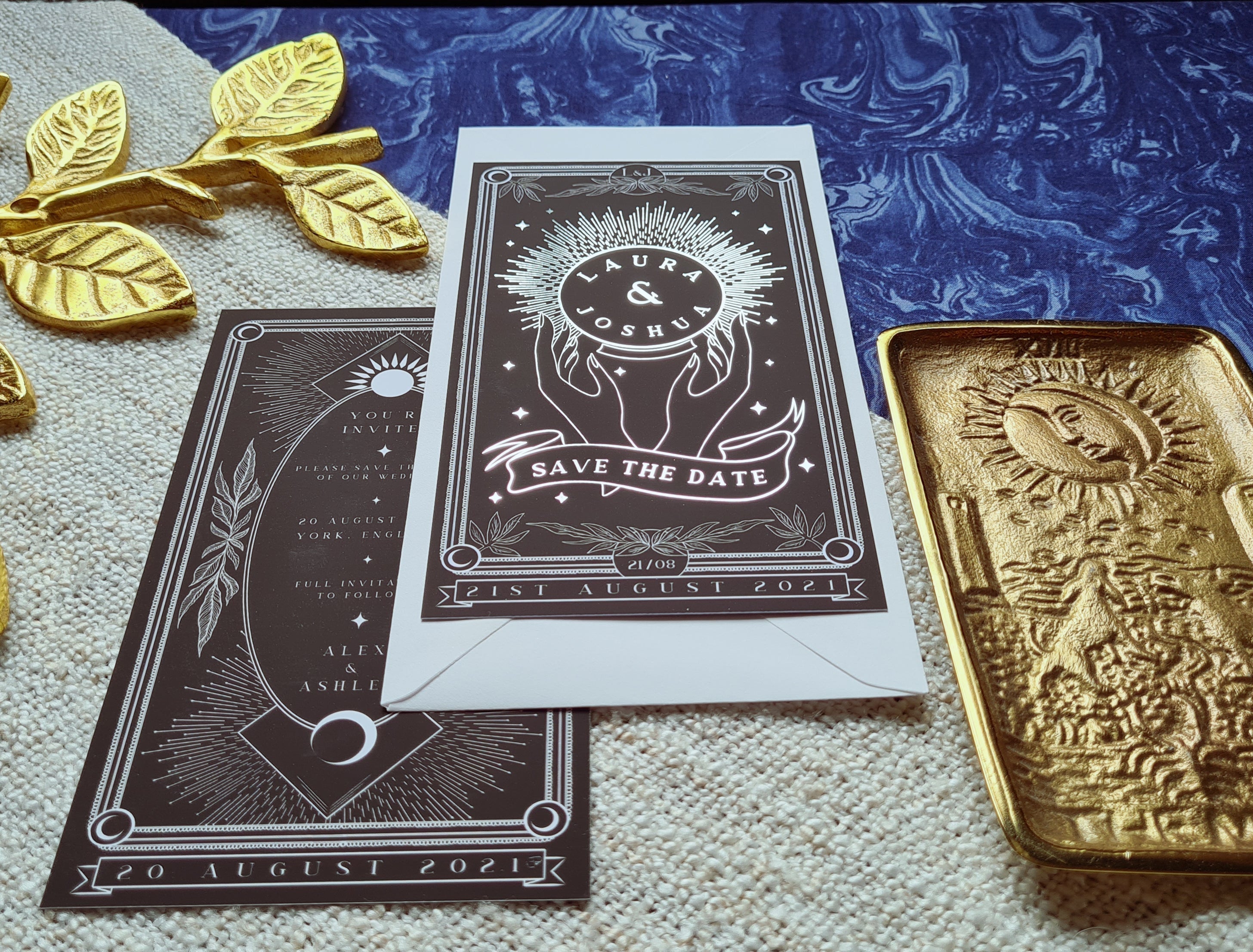 Crystal Ball foiled tarot save the date card with gold foil on velvet soft-touch paper for bohemian weddings