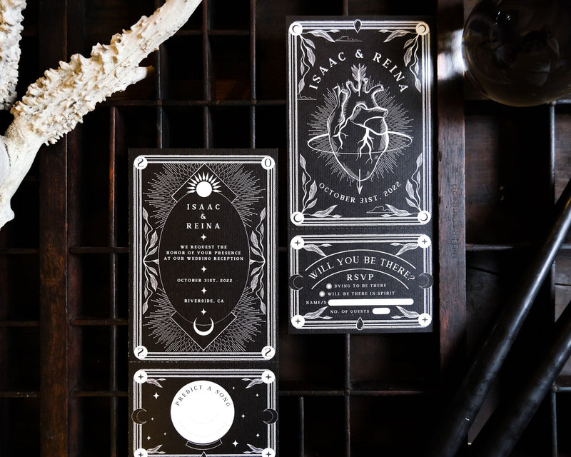 Bleeding Heart Tarot invitation set with RSVP options, featuring decorative tarot design and perforated RSVP section.
