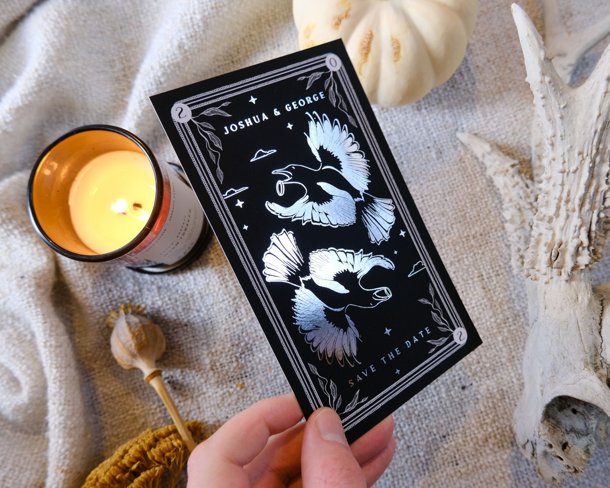 'Two for Joy' Magpie Foiled Tarot Card Save the Dates