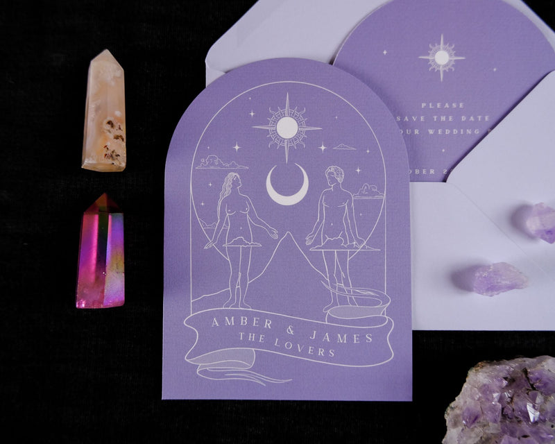 Lover Tarot Arched Save The Date Card with romantic celestial design and white envelopes.