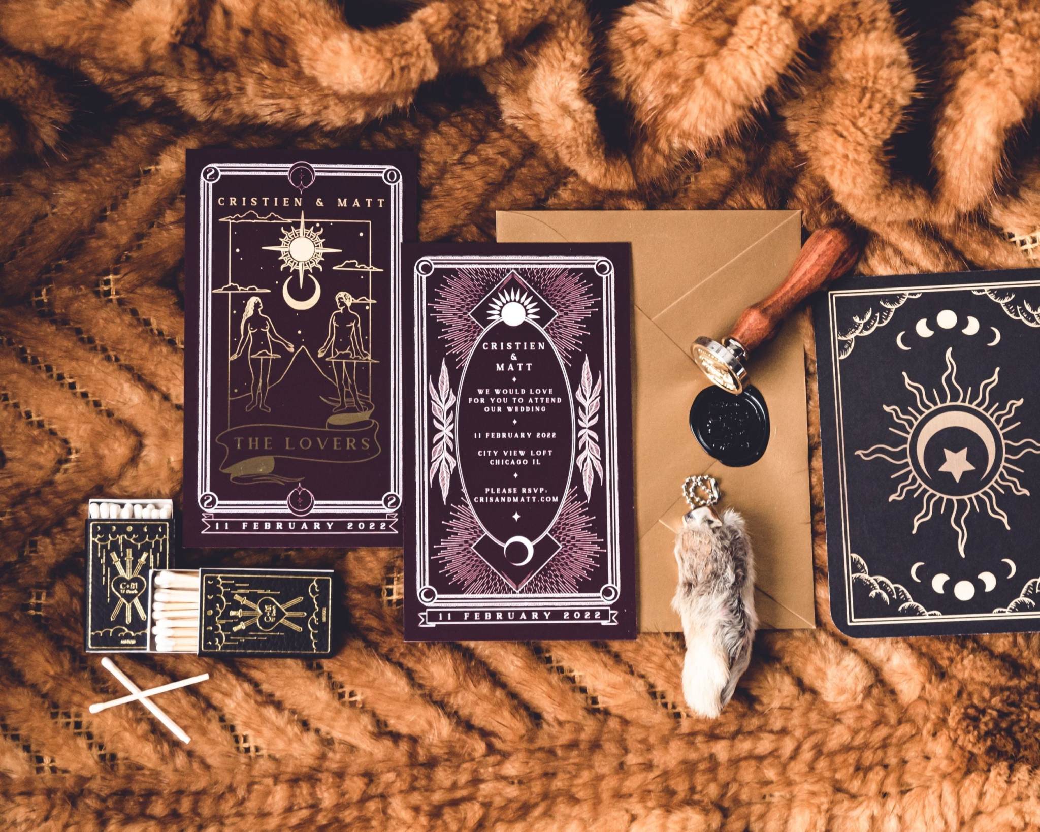 Luxury "The Lovers" foiled save the date card with tarot design, featuring elegant foil detailing and customization options.